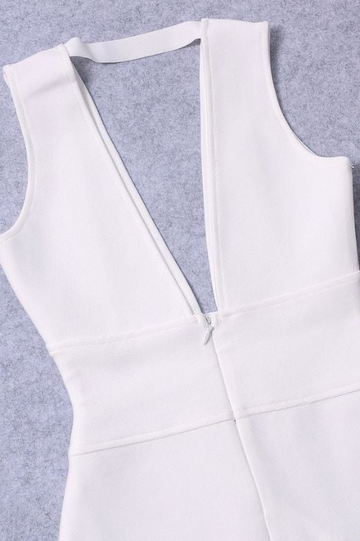 Woman wearing a figure flattering Pia Bandage Midi Dress - White Pearl BODYCON COLLECTION