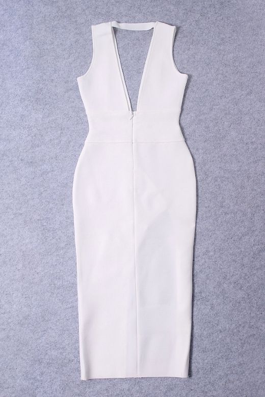 Woman wearing a figure flattering Pia Bandage Midi Dress - White Pearl BODYCON COLLECTION