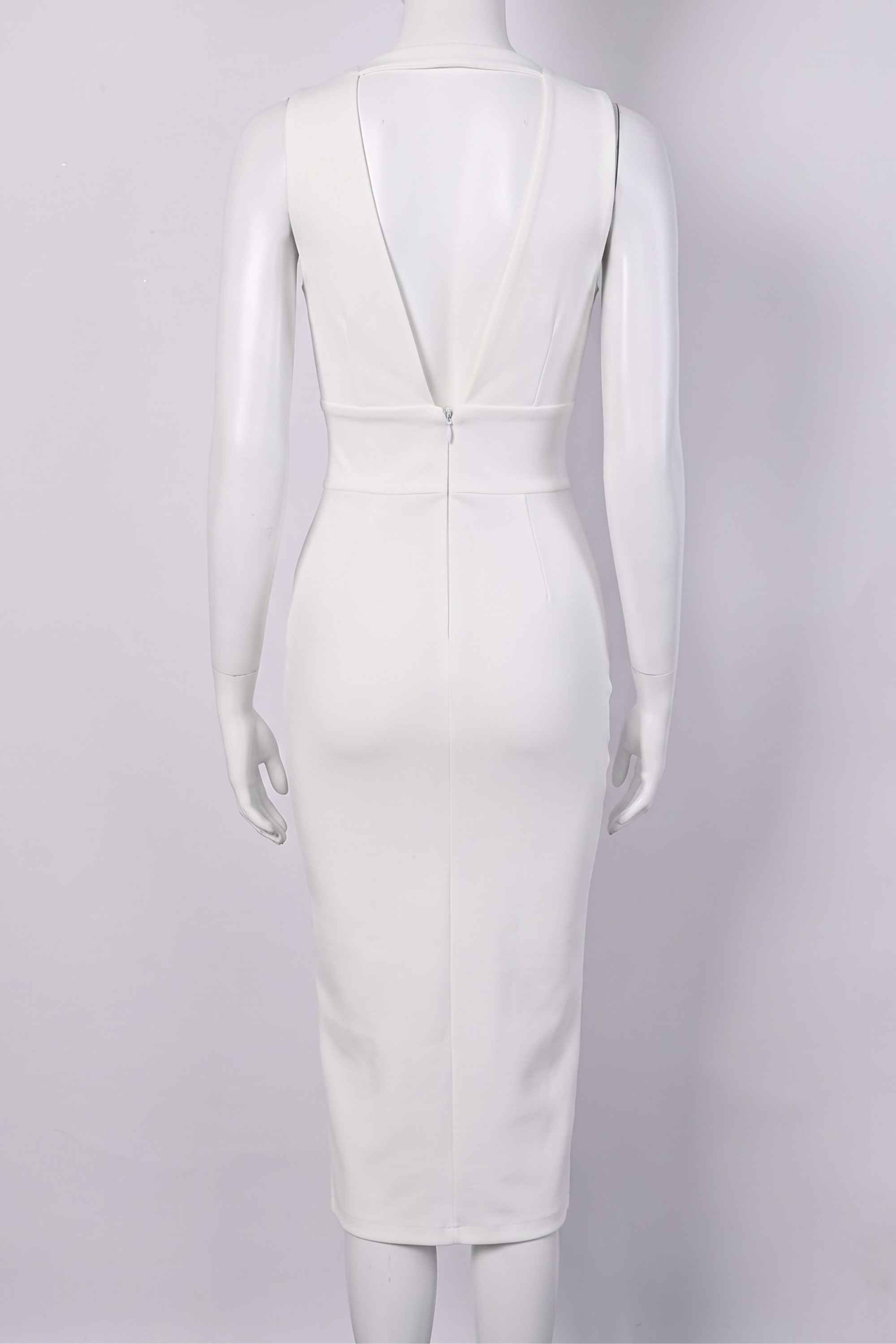 Woman wearing a figure flattering Pia Bandage Midi Dress - White Pearl BODYCON COLLECTION