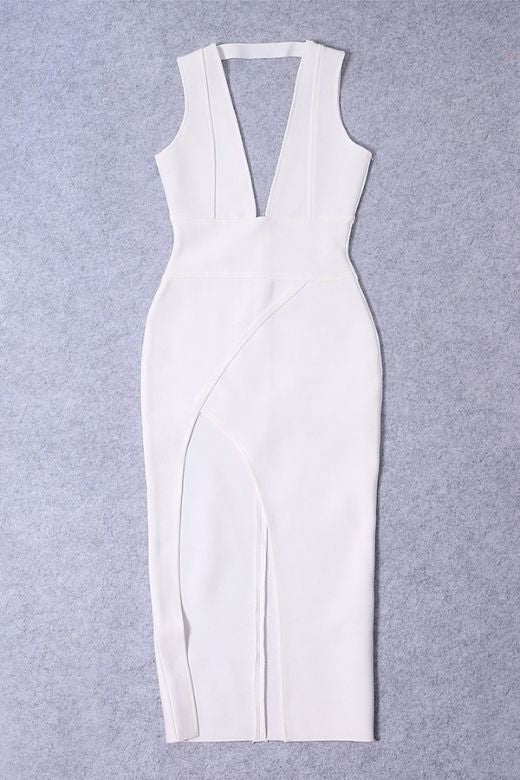 Woman wearing a figure flattering Pia Bandage Midi Dress - White Pearl BODYCON COLLECTION