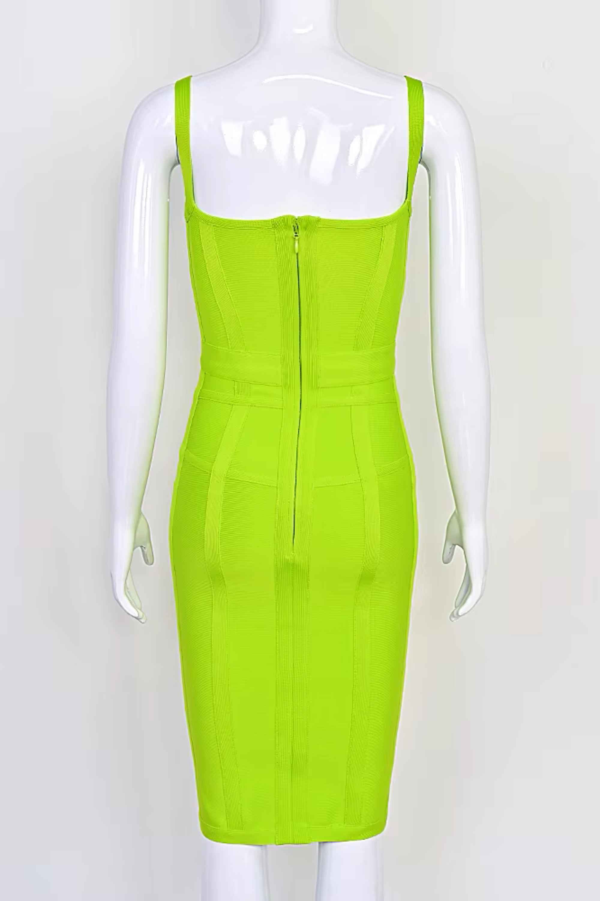 Woman wearing a figure flattering Pip Bandage Corset Dress - Neon Green Bodycon Collection