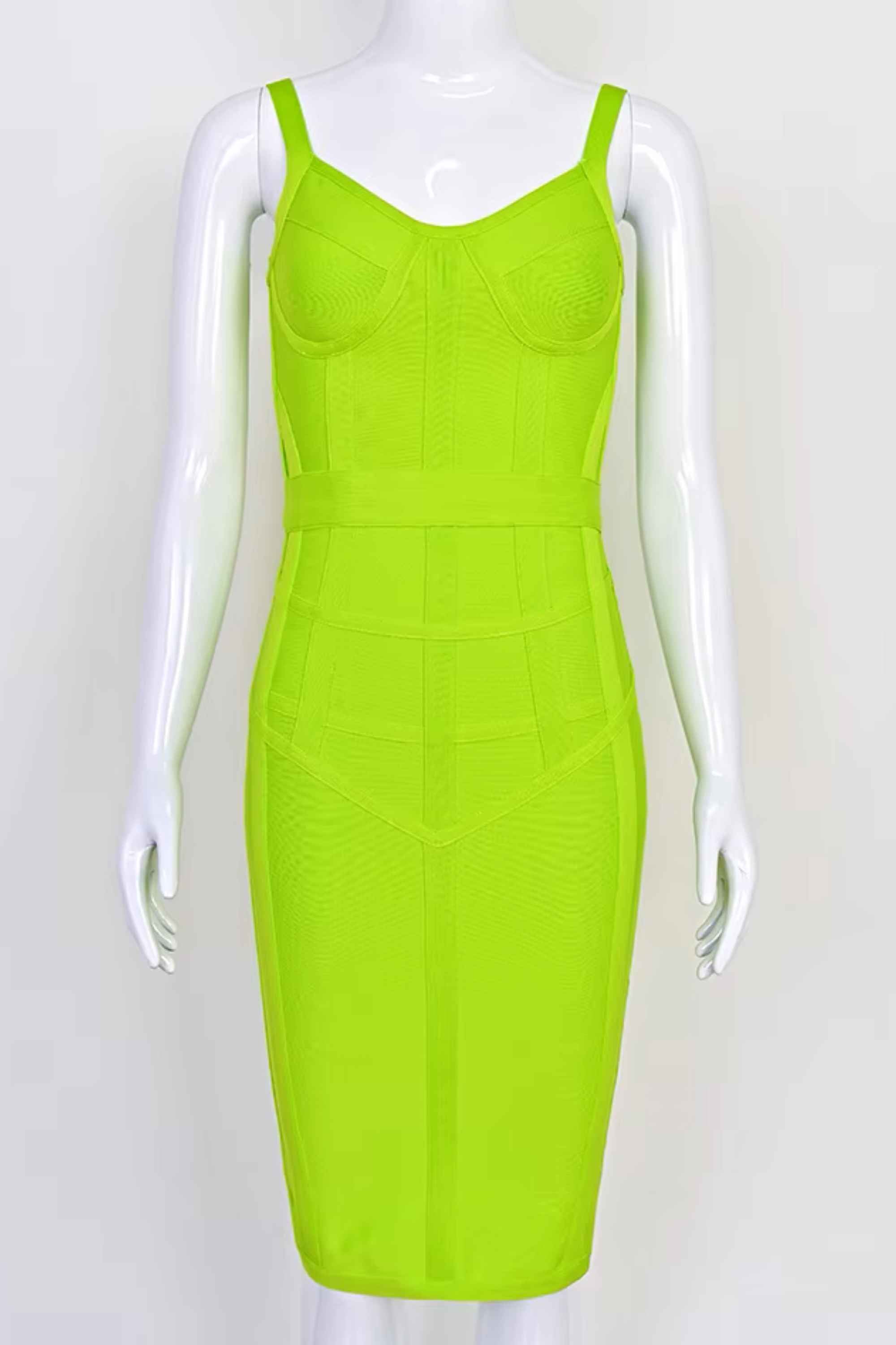 Woman wearing a figure flattering Pip Bandage Corset Dress - Neon Green Bodycon Collection