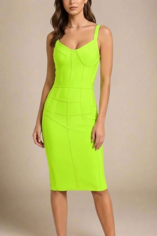 Woman wearing a figure flattering Pip Bandage Corset Dress - Neon Green Bodycon Collection