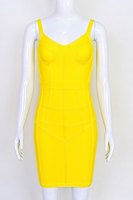 Woman wearing a figure flattering Pip Bandage Mini Dress - Sun Yellow BODYCON COLLECTION