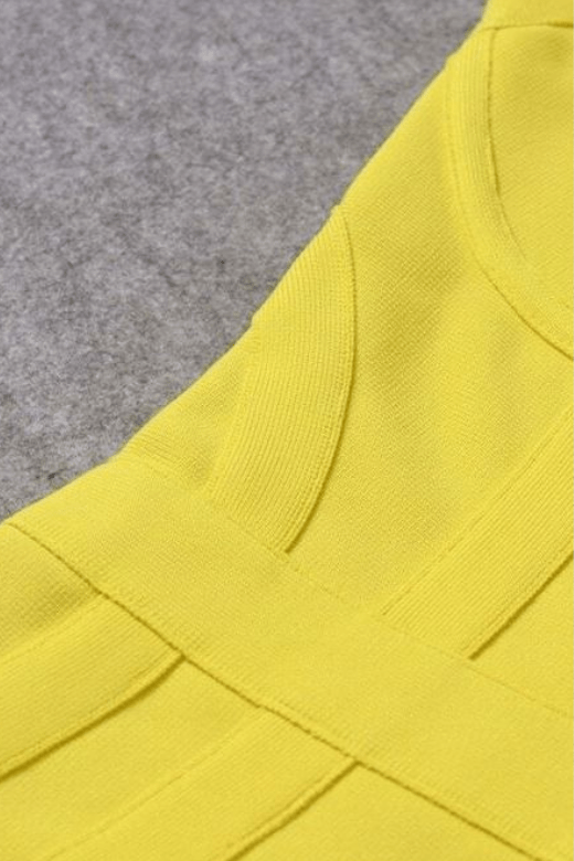 Woman wearing a figure flattering Pip Bandage Mini Dress - Sun Yellow BODYCON COLLECTION