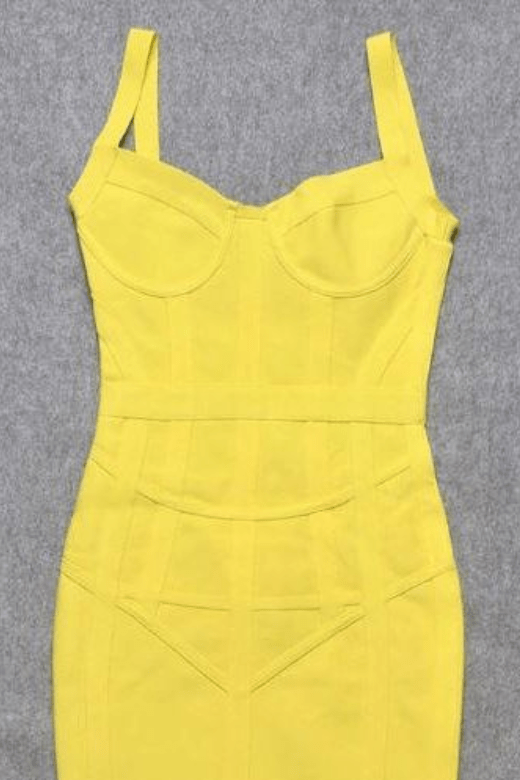 Woman wearing a figure flattering Pip Bandage Mini Dress - Sun Yellow BODYCON COLLECTION