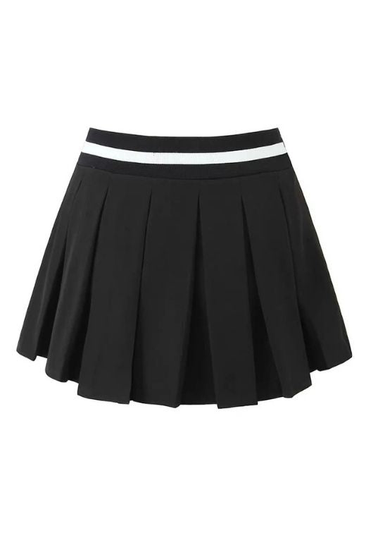Woman wearing a figure flattering Pleated Sports Mini Skirt - Classic Black BODYCON COLLECTION Pty Ltd