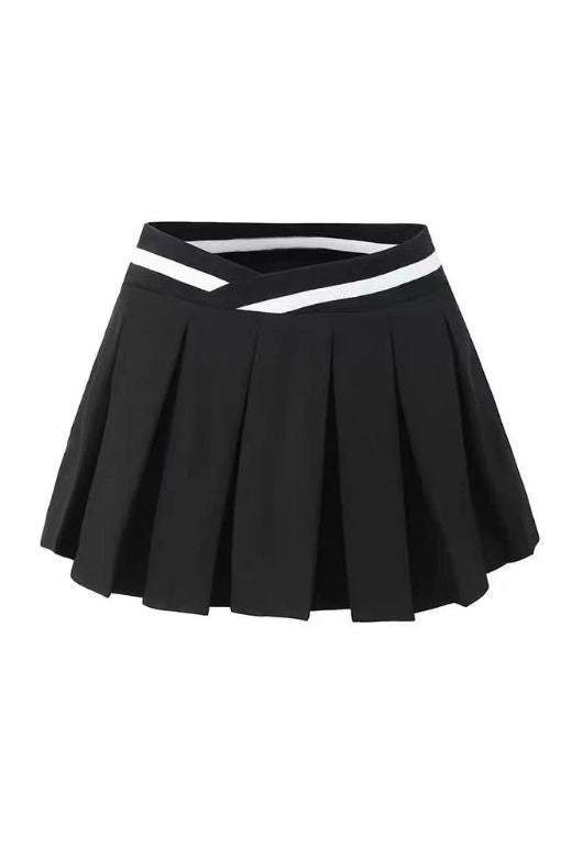 Woman wearing a figure flattering Pleated Sports Mini Skirt - Classic Black BODYCON COLLECTION Pty Ltd