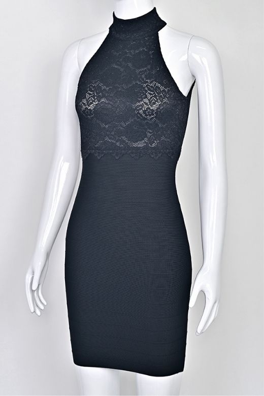 Woman wearing a figure flattering Quinn Bandage Mini Dress - Classic Black BODYCON COLLECTION Pty Ltd