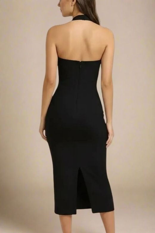 Woman wearing a figure flattering Raya Bodycon Midi Dress - Classic Black BODYCON COLLECTION Pty Ltd