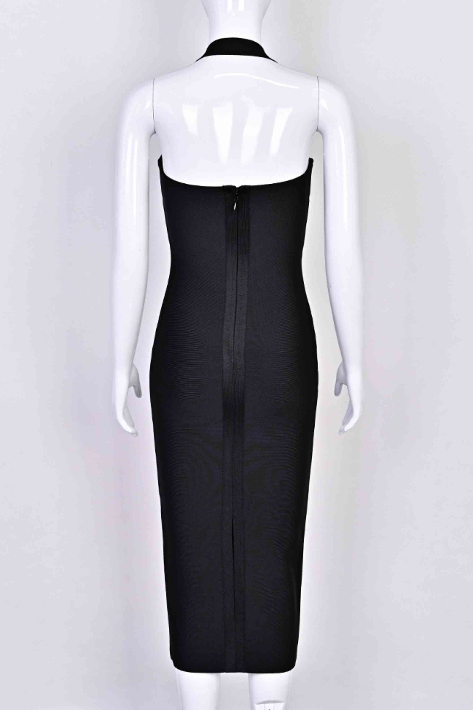 Woman wearing a figure flattering Raya Bodycon Midi Dress - Classic Black BODYCON COLLECTION Pty Ltd