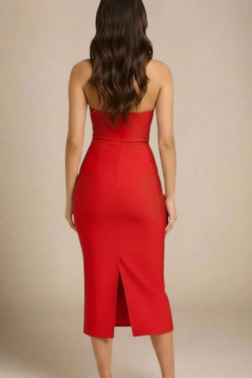Woman wearing a figure flattering Raya Bodycon Midi Dress - Lipstick Red BODYCON COLLECTION Pty Ltd