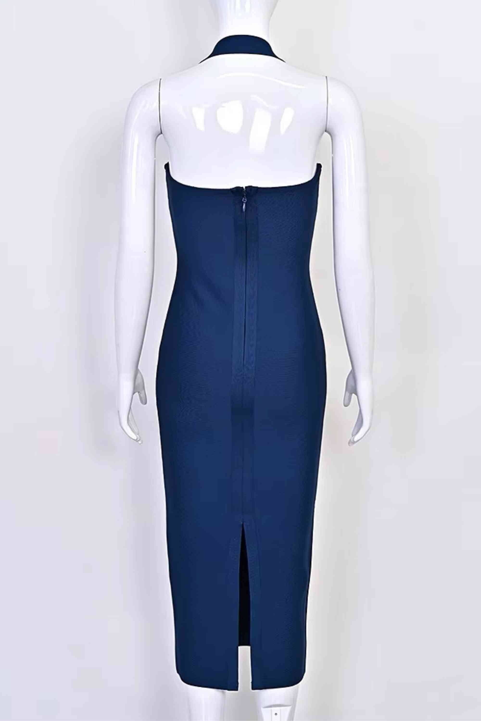 Woman wearing a figure flattering Raya Bodycon Midi Dress - Navy Blue BODYCON COLLECTION Pty Ltd