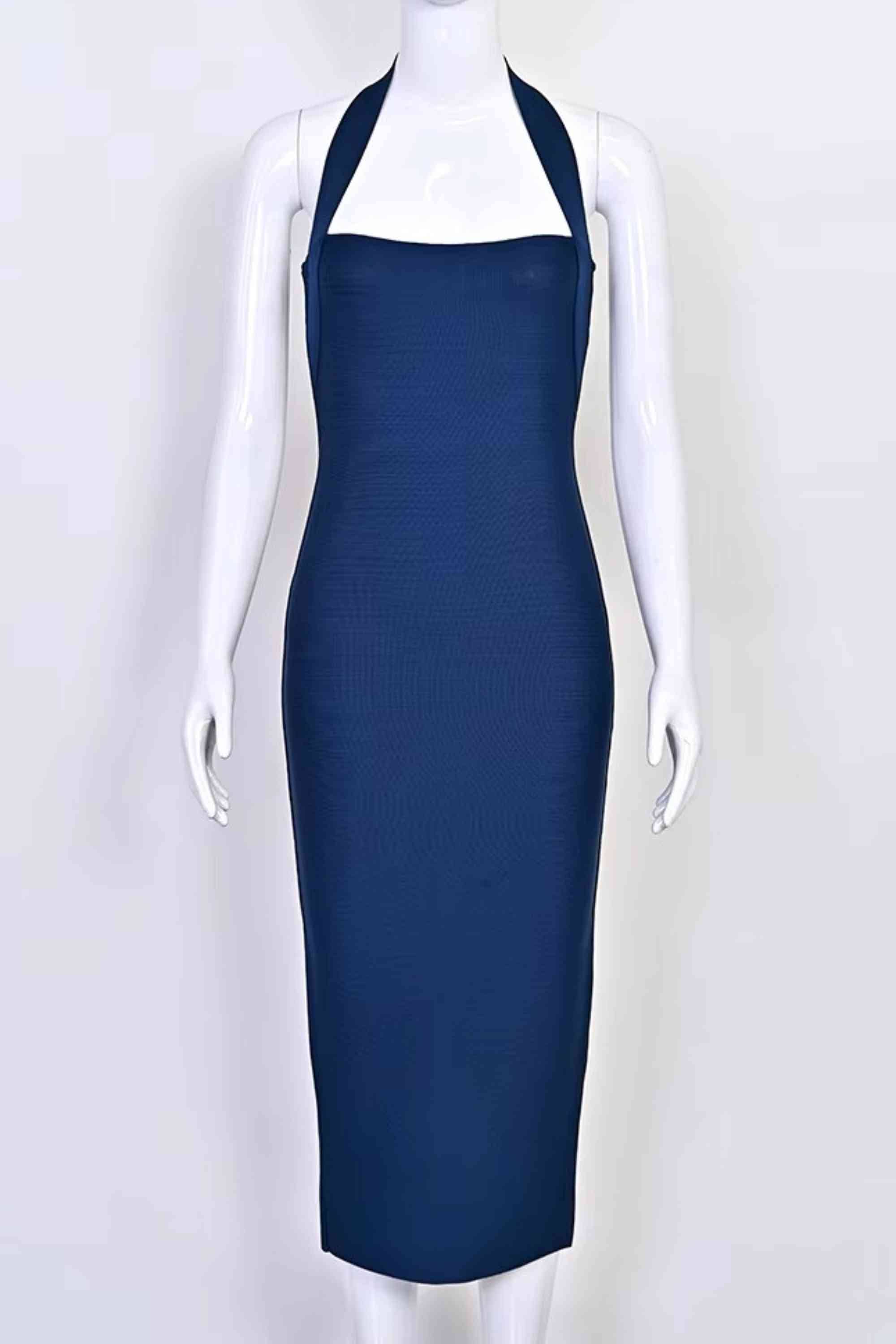 Woman wearing a figure flattering Raya Bodycon Midi Dress - Navy Blue BODYCON COLLECTION Pty Ltd