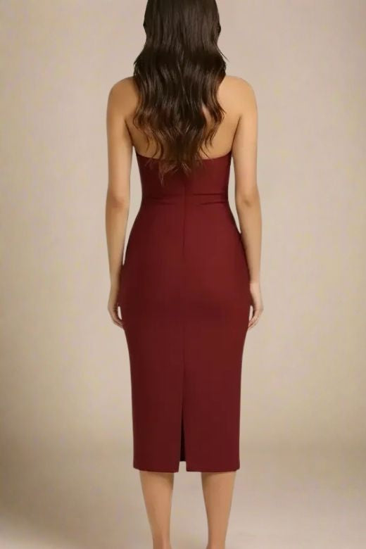 Woman wearing a figure flattering Raya Bodycon Midi Dress - Red Wine BODYCON COLLECTION Pty Ltd