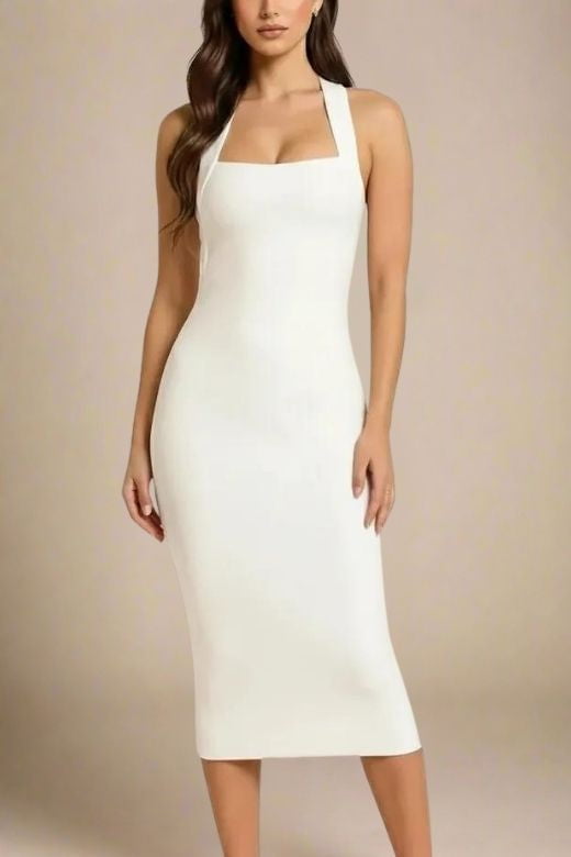 Woman wearing a figure flattering Raya Bodycon Midi Dress - White Pearl BODYCON COLLECTION Pty Ltd