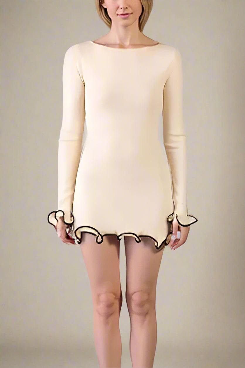 Woman wearing a figure flattering Regina Long Sleeve Bodycon Mini Dress - Cream BODYCON COLLECTION