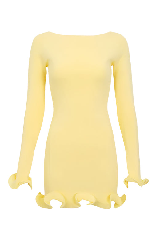 Woman wearing a figure flattering Regina Long Sleeve Bodycon Mini Dress - Sun Yellow BODYCON COLLECTION
