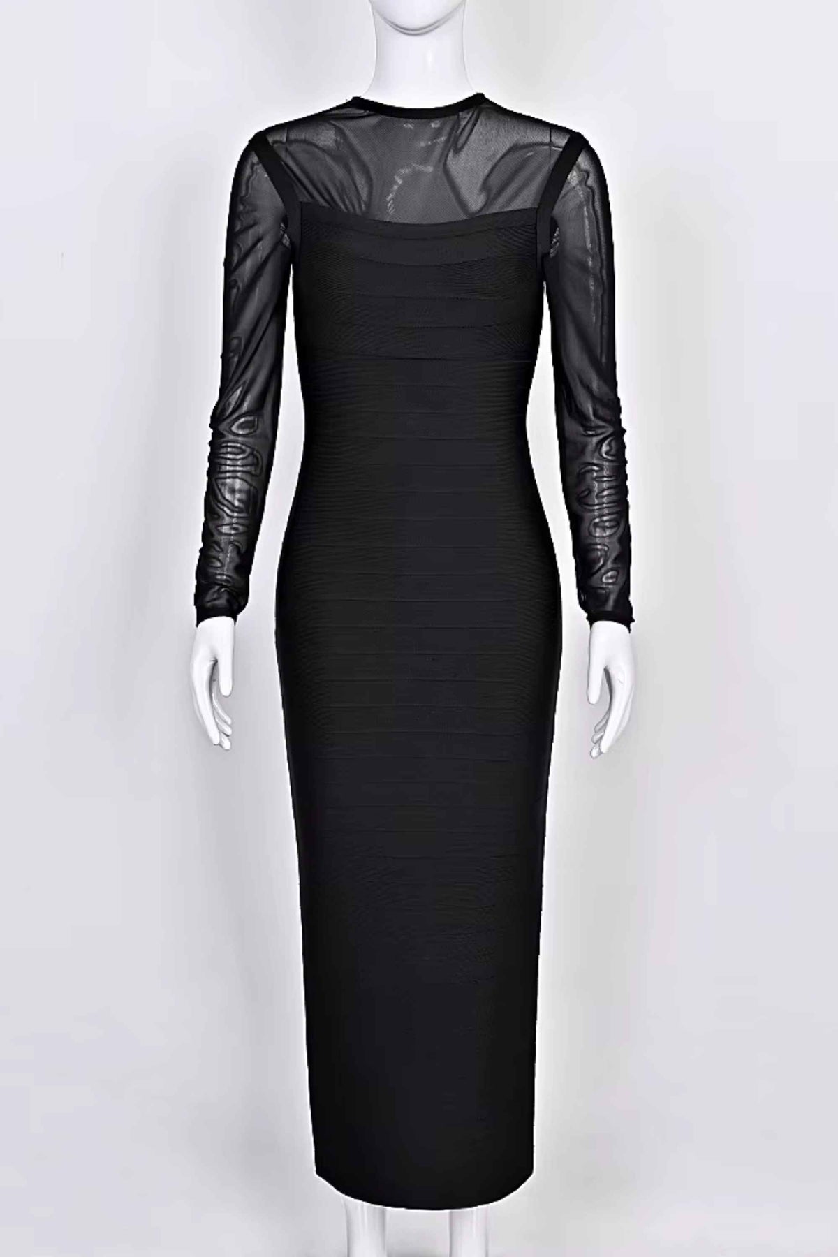 Woman wearing a figure flattering Robin Long Sleeve Bandage Maxi Dress - Classic Black BODYCON COLLECTION Pty Ltd
