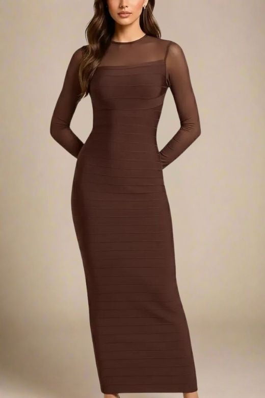 Woman wearing a figure flattering Robin Long Sleeve Bandage Maxi Dress - Tan Brown BODYCON COLLECTION Pty Ltd