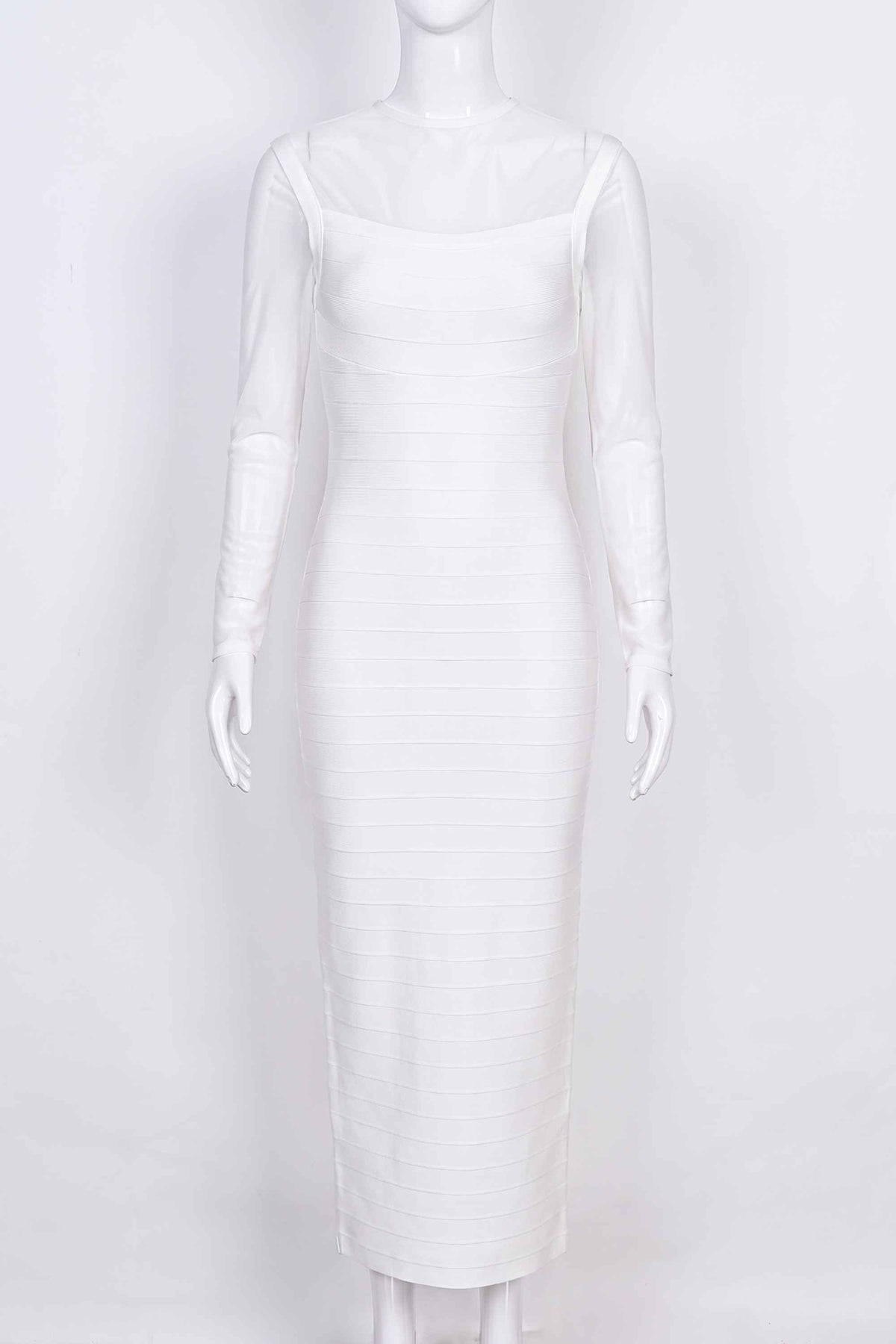 Woman wearing a figure flattering Robin Long Sleeve Bandage Maxi Dress - White Pearl BODYCON COLLECTION Pty Ltd
