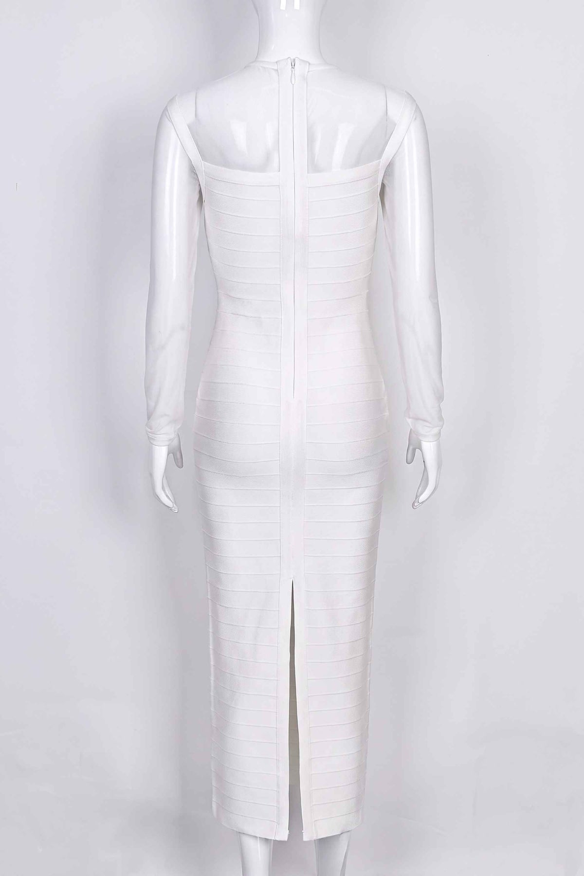 Woman wearing a figure flattering Robin Long Sleeve Bandage Maxi Dress - White Pearl BODYCON COLLECTION Pty Ltd