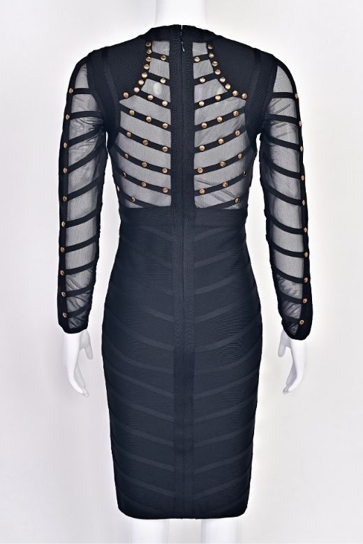 Woman wearing a figure flattering Rosa Long Sleeve Bodycon Dress - Classic Black BODYCON COLLECTION
