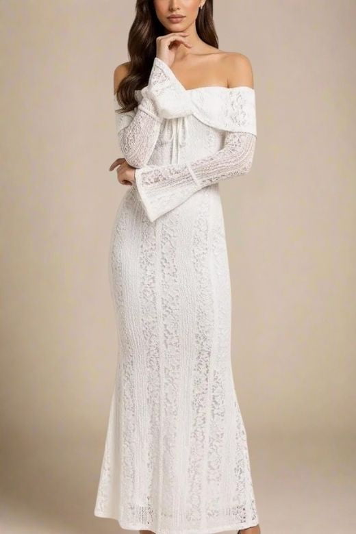 Woman wearing a figure flattering Rose Long Sleeve Bodycon Maxi Dress - White Pearl BODYCON COLLECTION