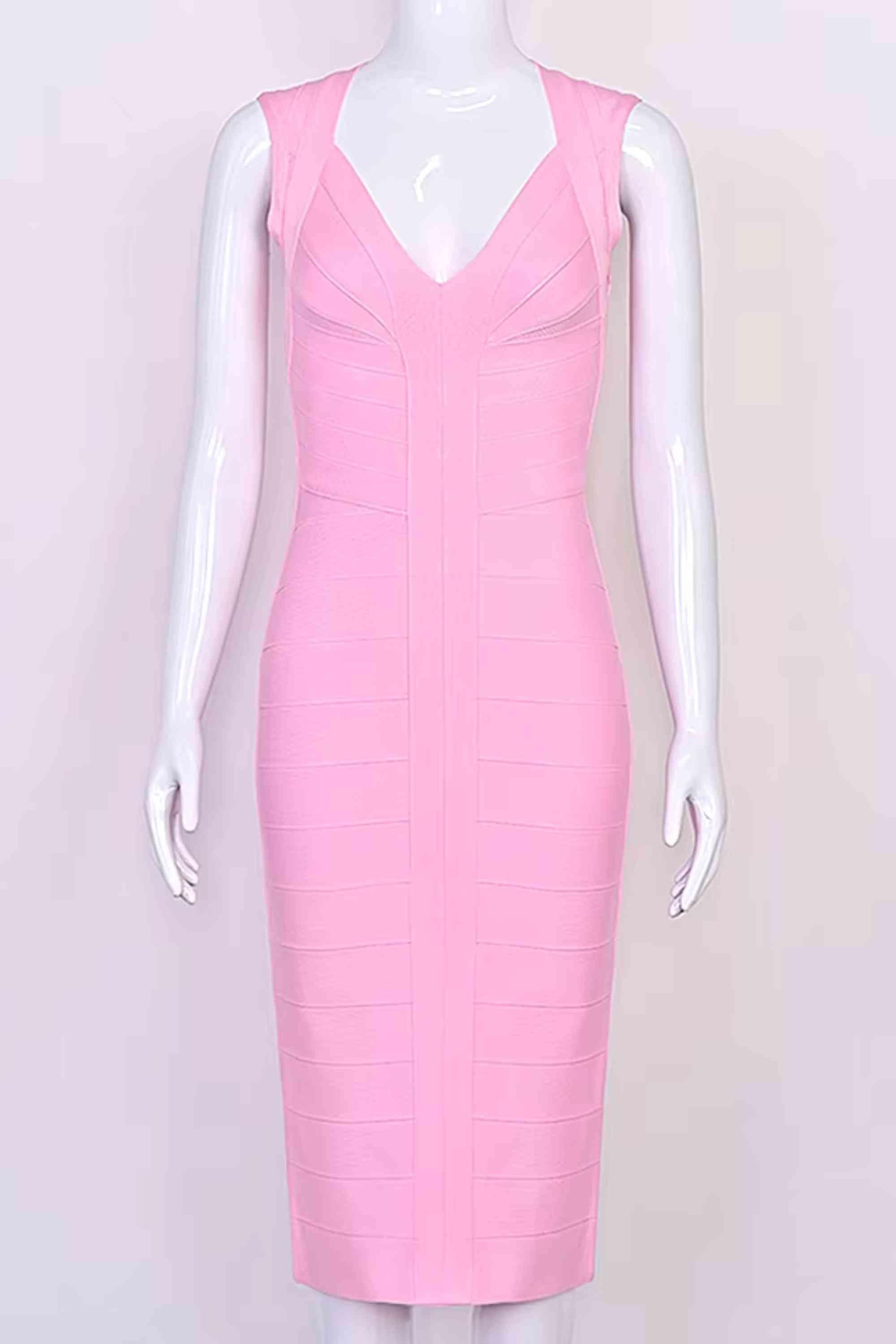 Woman wearing a figure flattering Sabrina Bandage Midi Dress - Dusty Pink BODYCON COLLECTION Pty Ltd