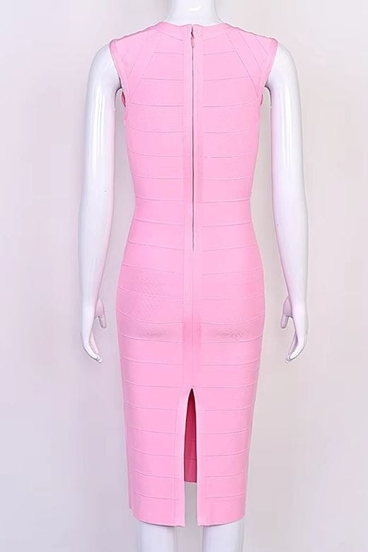 Woman wearing a figure flattering Sabrina Bandage Midi Dress - Dusty Pink BODYCON COLLECTION Pty Ltd