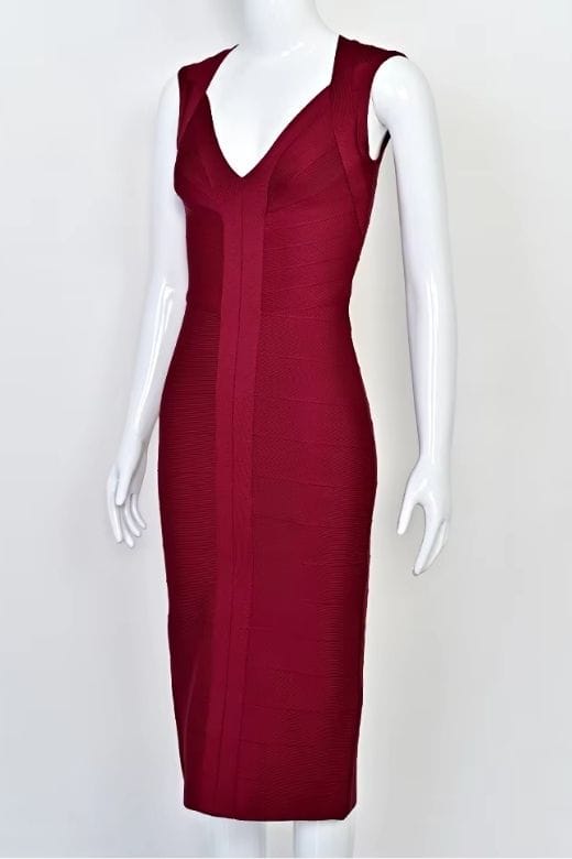 Woman wearing a figure flattering Sabrina Bandage Midi Dress - Red Wine BODYCON COLLECTION Pty Ltd