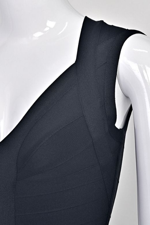 Woman wearing a figure flattering Sabrina Bandage Mini Dress - Classic Black BODYCON COLLECTION Pty Ltd