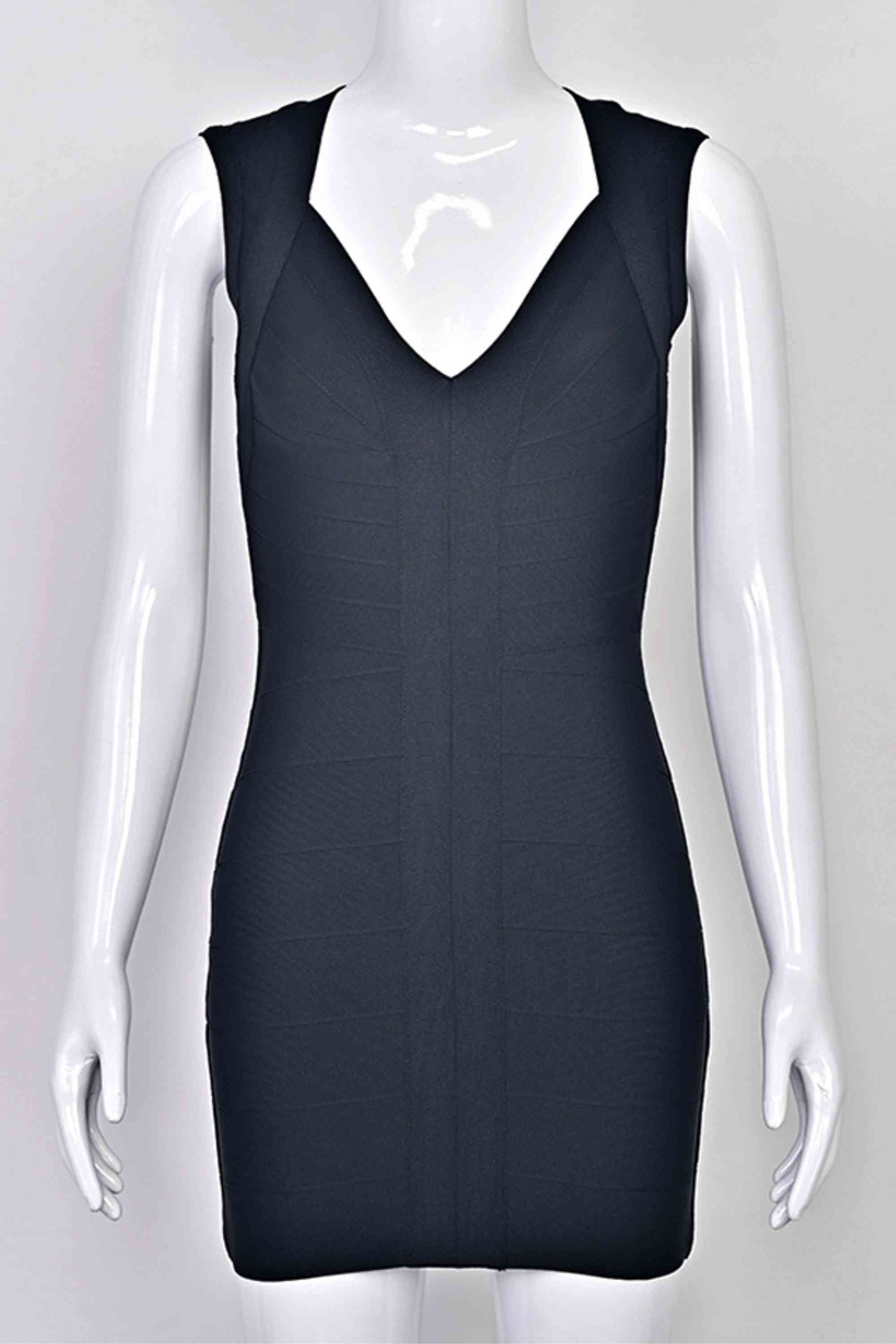 Woman wearing a figure flattering Sabrina Bandage Mini Dress - Classic Black BODYCON COLLECTION Pty Ltd