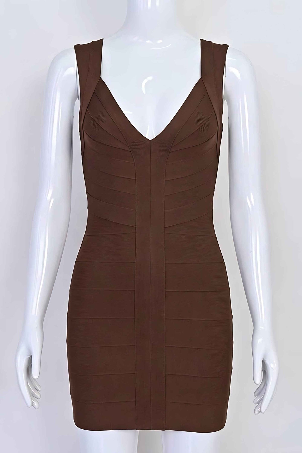 Woman wearing a figure flattering Sabrina Bandage Mini Dress - Coffee Brown BODYCON COLLECTION Pty Ltd