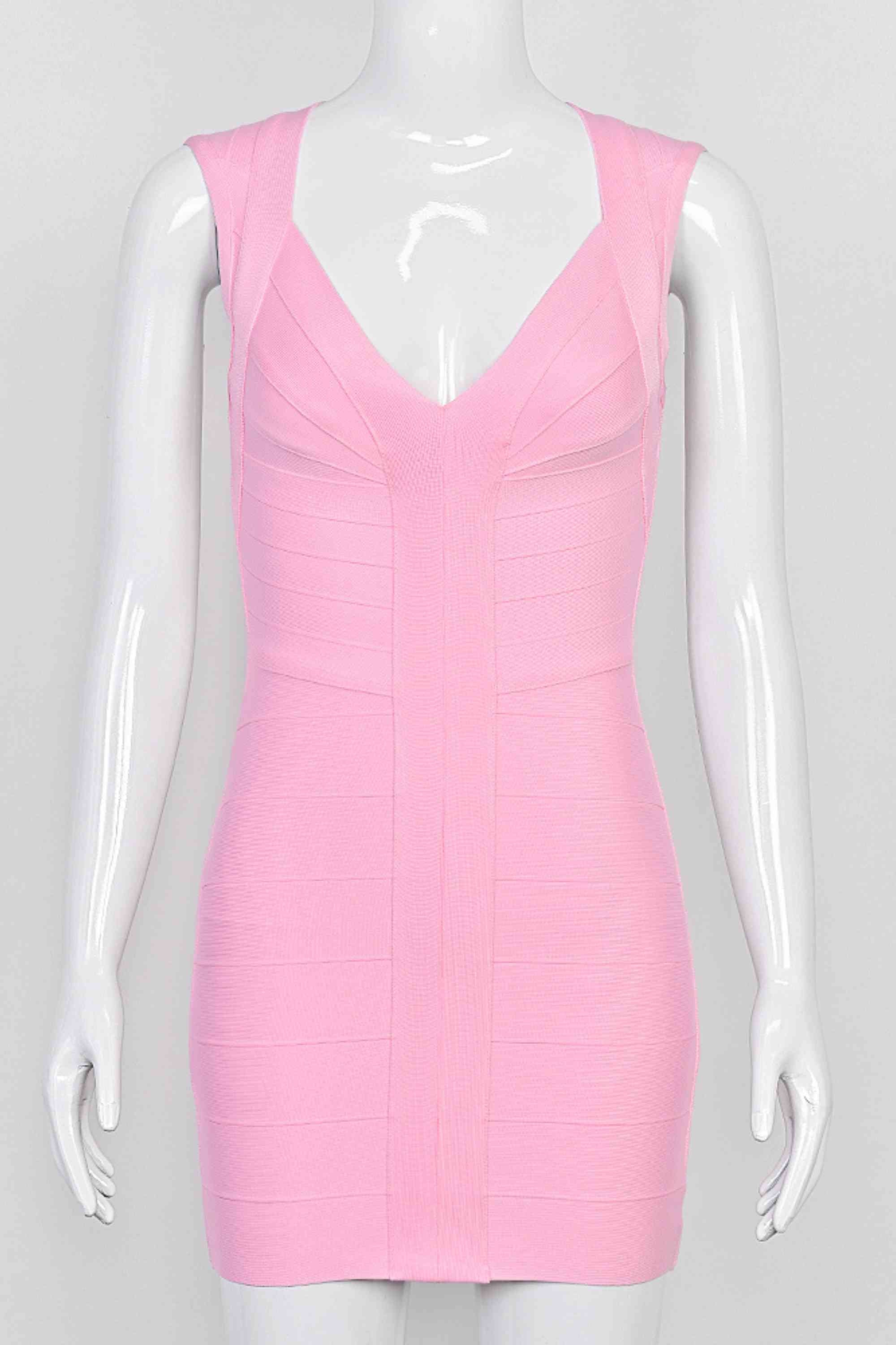 Woman wearing a figure flattering Sabrina Bandage Mini Dress - Dusty Pink BODYCON COLLECTION Pty Ltd