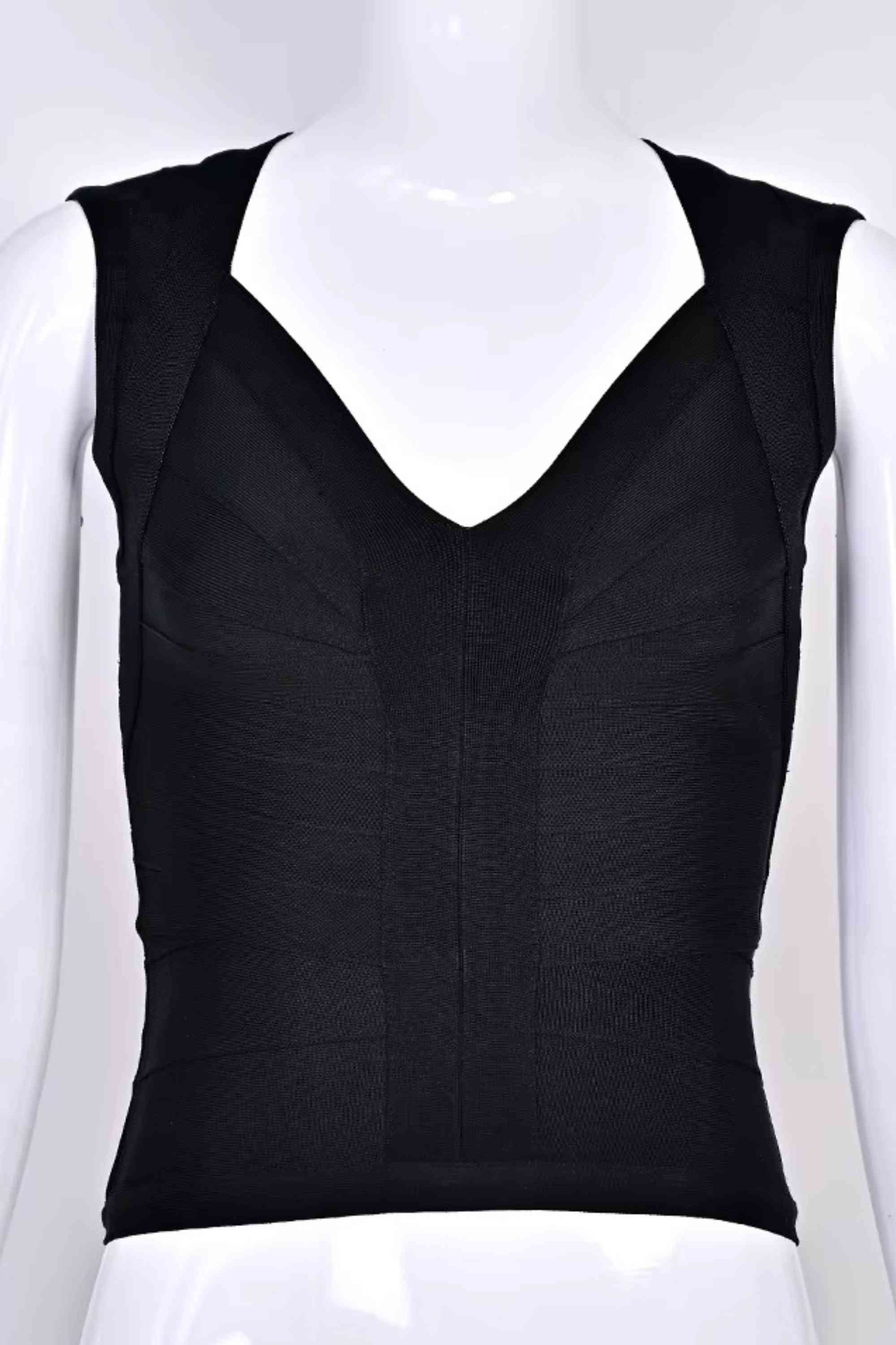 Woman wearing a figure flattering Sabrina Bandage Top - Classic Black BODYCON COLLECTION Pty Ltd