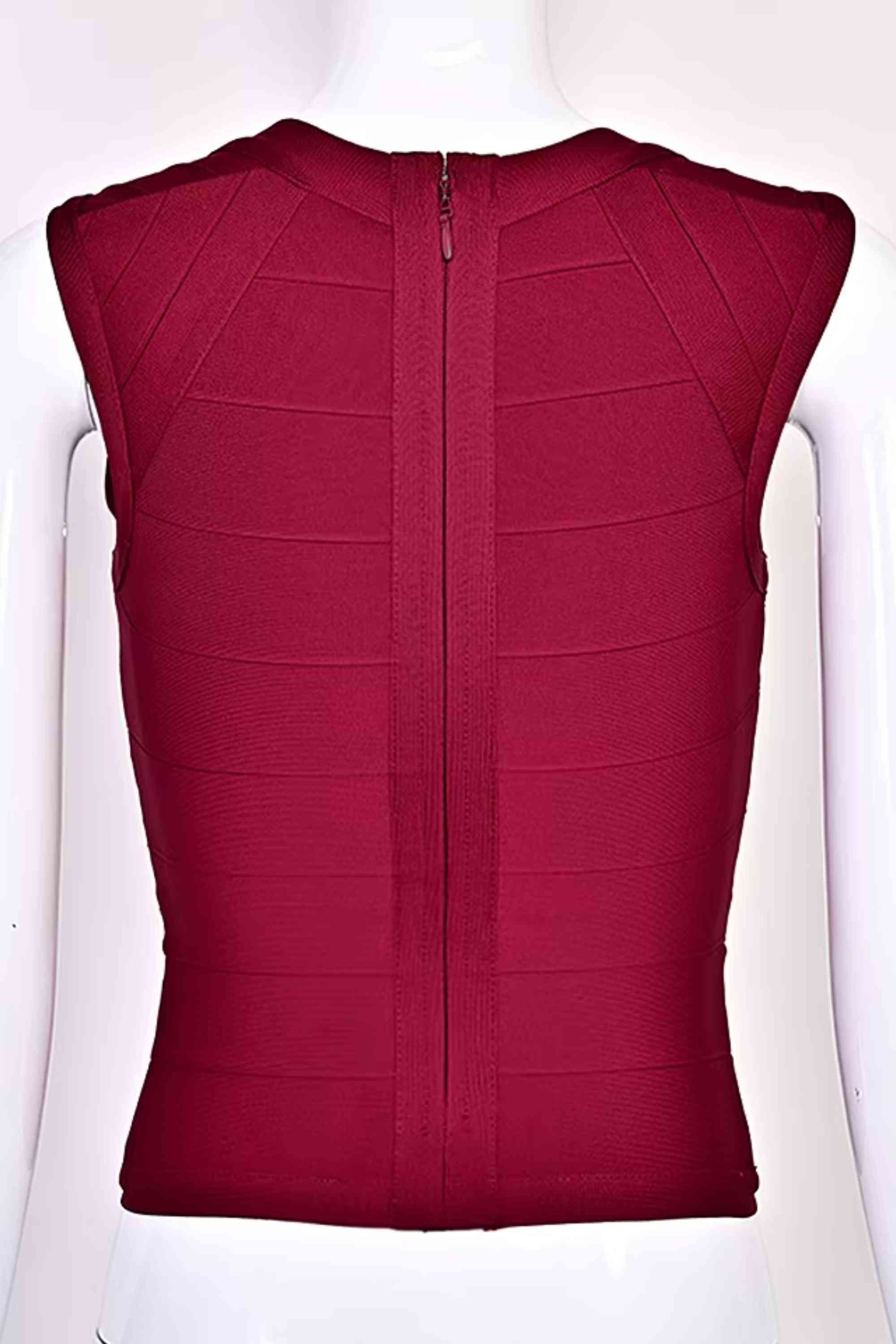 Woman wearing a figure flattering Sabrina Bandage Top - Red Wine BODYCON COLLECTION Pty Ltd
