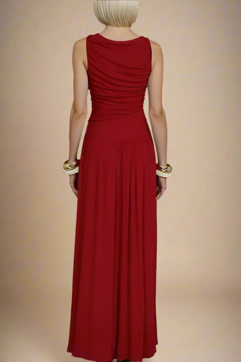 Woman wearing a figure flattering Saint Bodycon Wrap Maxi Dress - Chilli Red BODYCON COLLECTION Pty Ltd