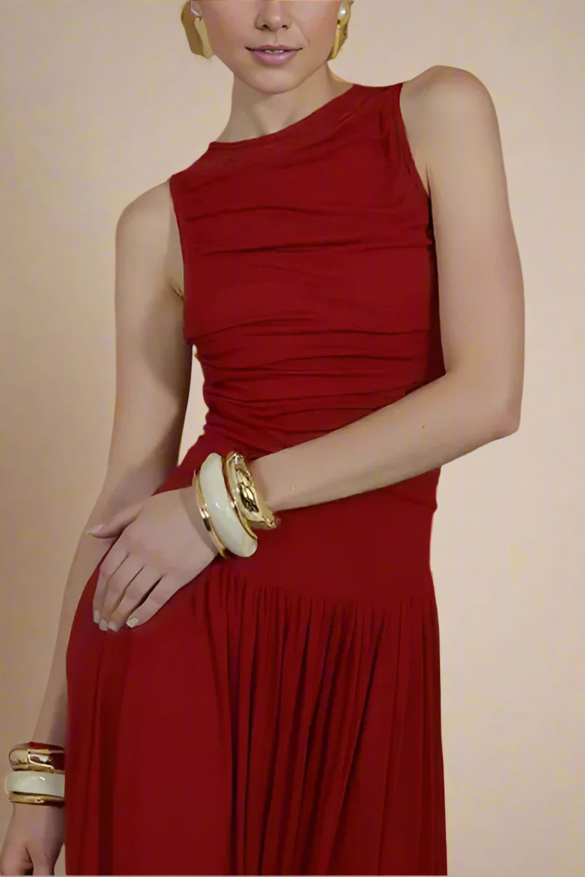 Woman wearing a figure flattering Saint Bodycon Wrap Maxi Dress - Chilli Red BODYCON COLLECTION Pty Ltd