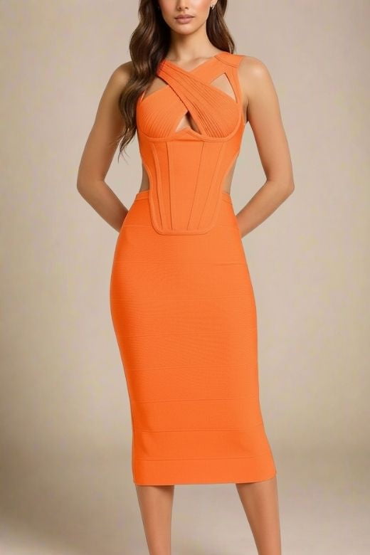 Woman wearing a figure flattering Sasha Bandage Midi Dress - Apricot Orange BODYCON COLLECTION