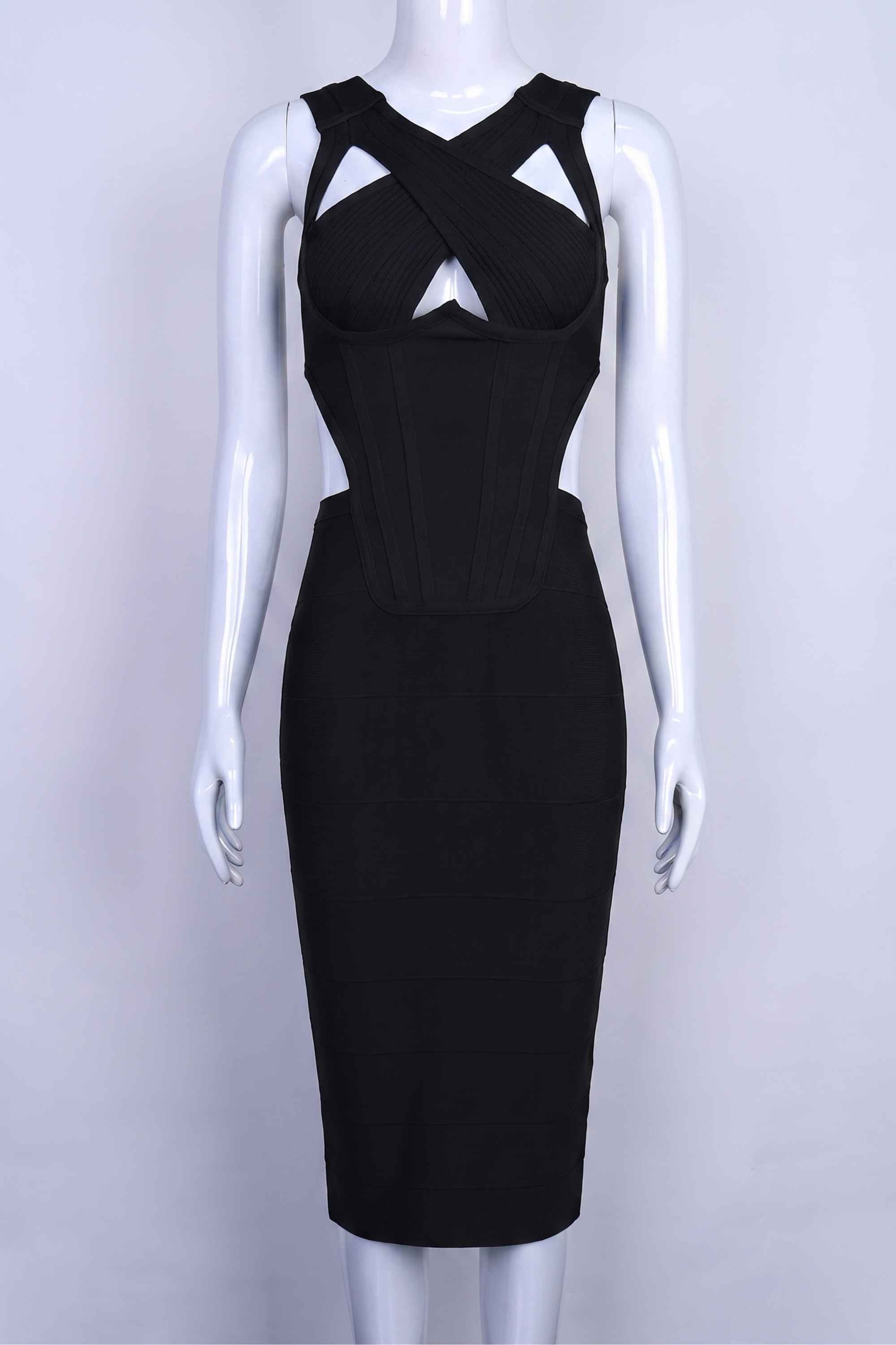 Woman wearing a figure flattering Sasha Bandage Midi Dress - Classic Black BODYCON COLLECTION
