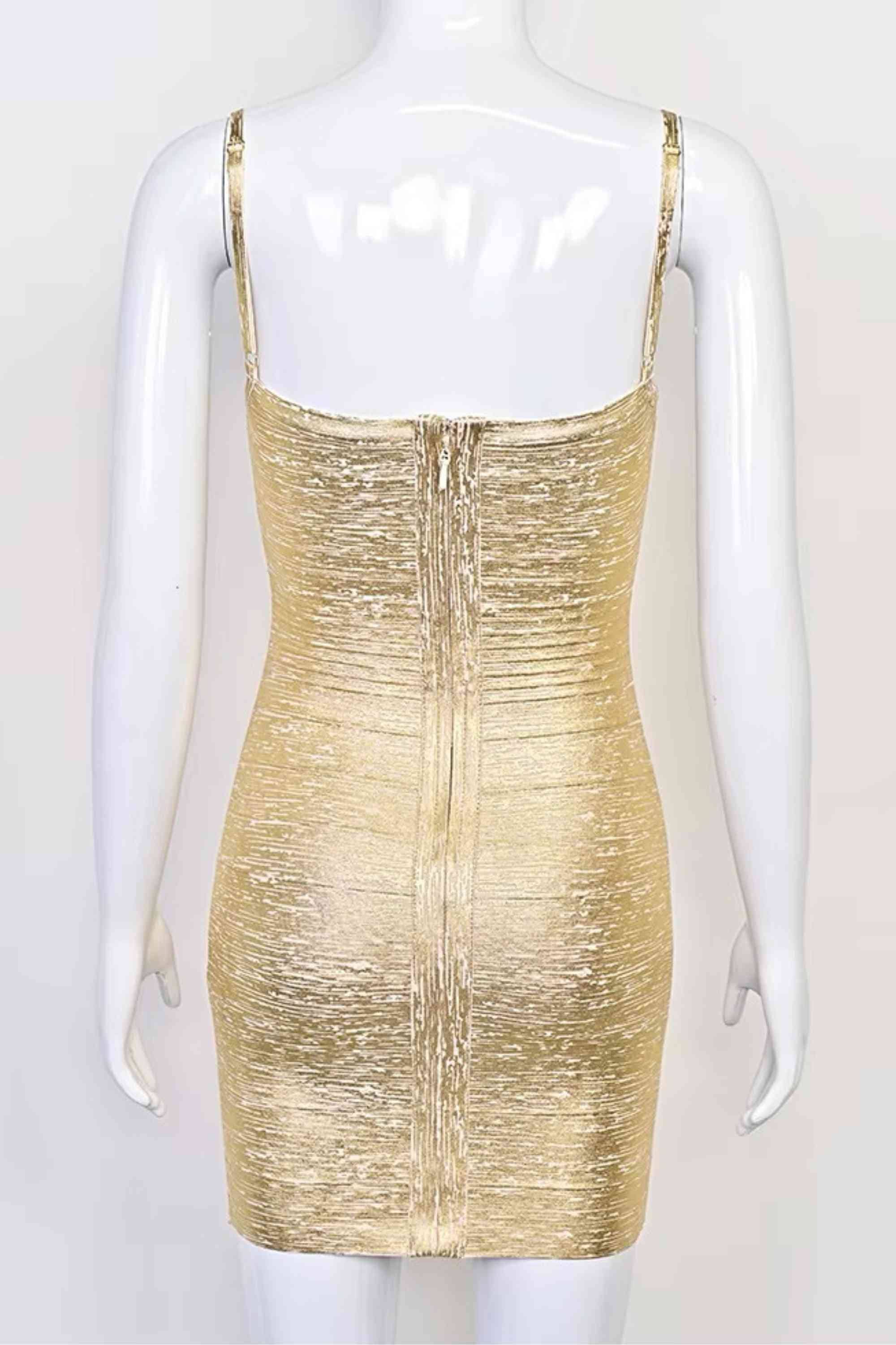 Woman wearing a figure flattering Scarlett Bandage Mini Dress - Gold BODYCON COLLECTION Pty Ltd