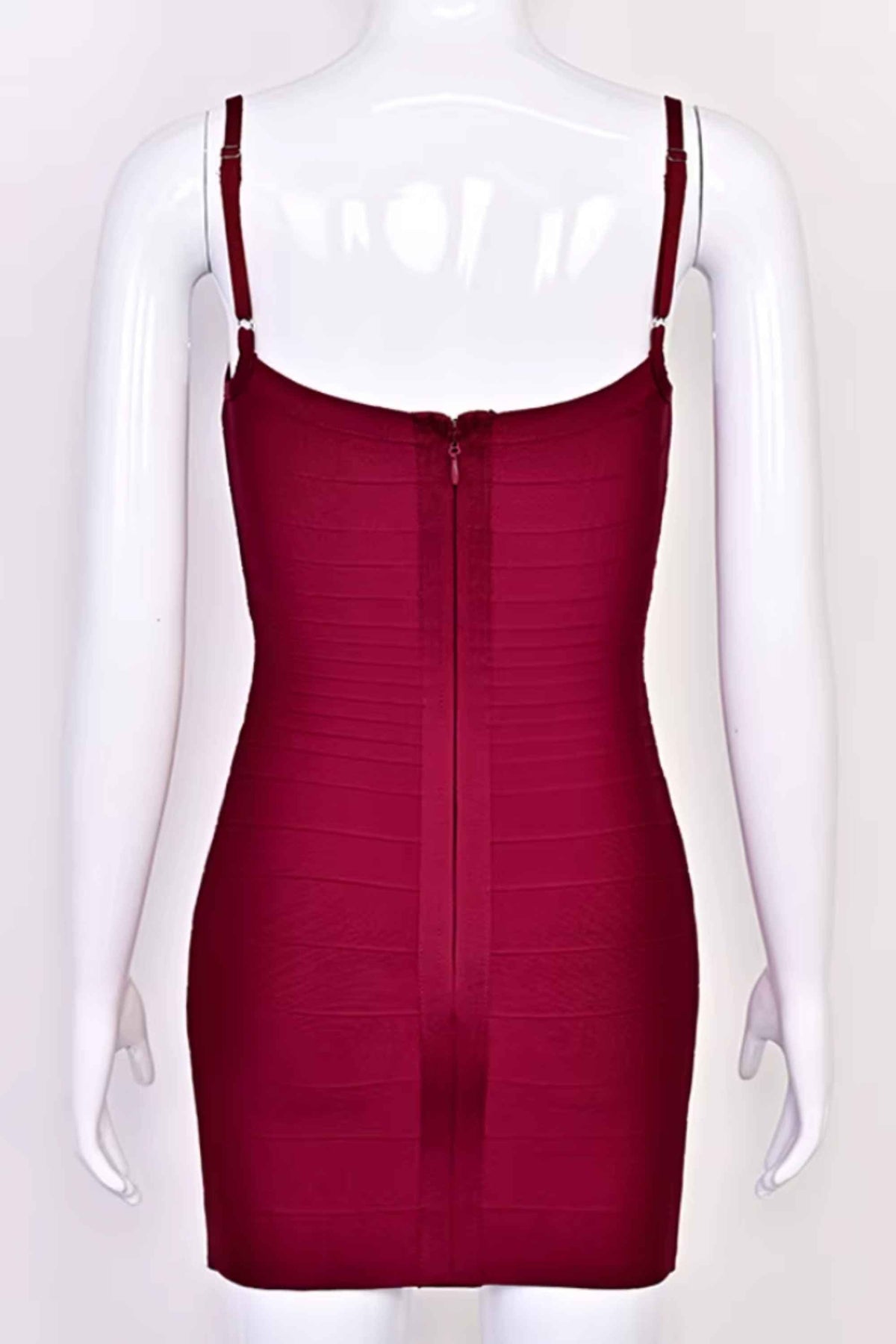 Woman wearing a figure flattering Scarlett Bandage Mini Dress - Red Wine BODYCON COLLECTION Pty Ltd