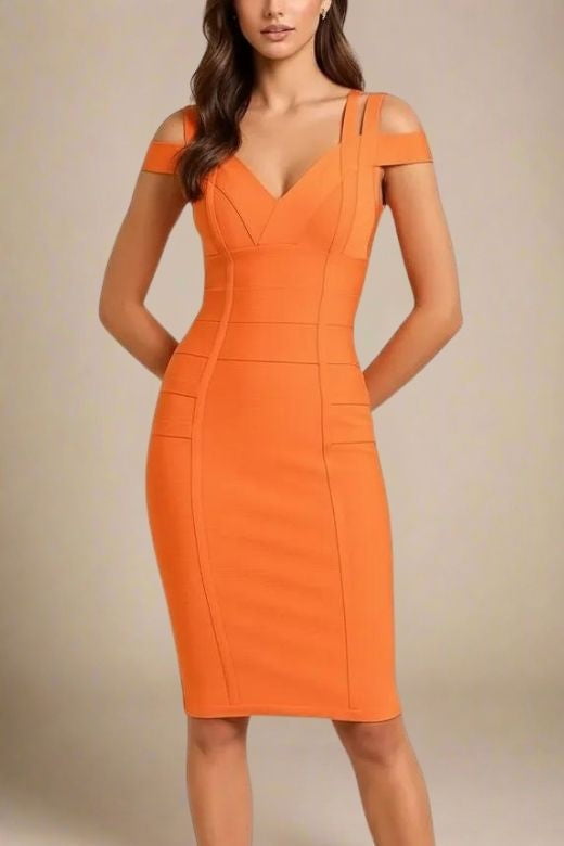 Woman wearing a figure flattering Sia Bandage Dress - Apricot Orange Bodycon Collection