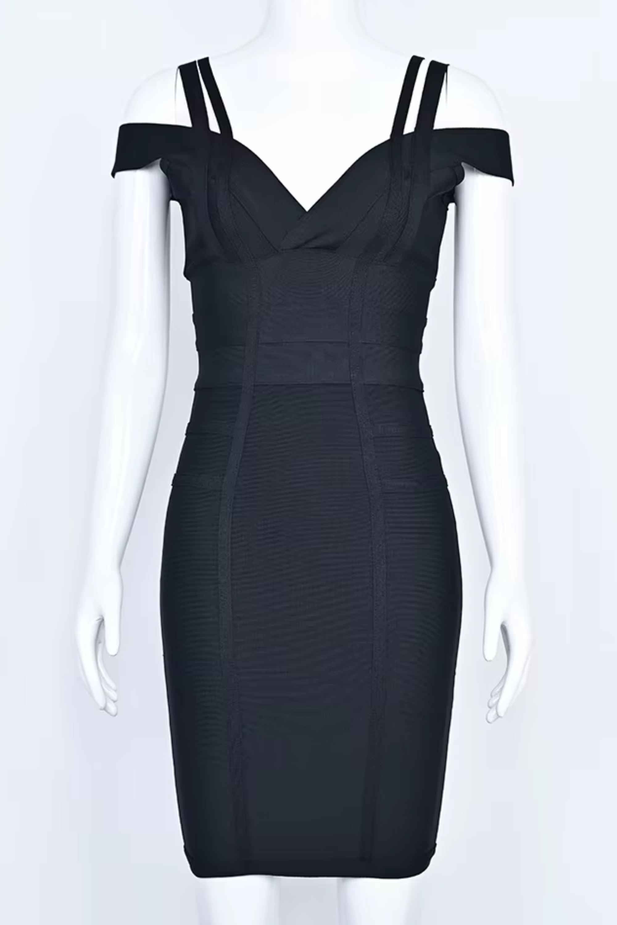 Woman wearing a figure flattering Sia Bandage Dress - Classic Black Bodycon Collection