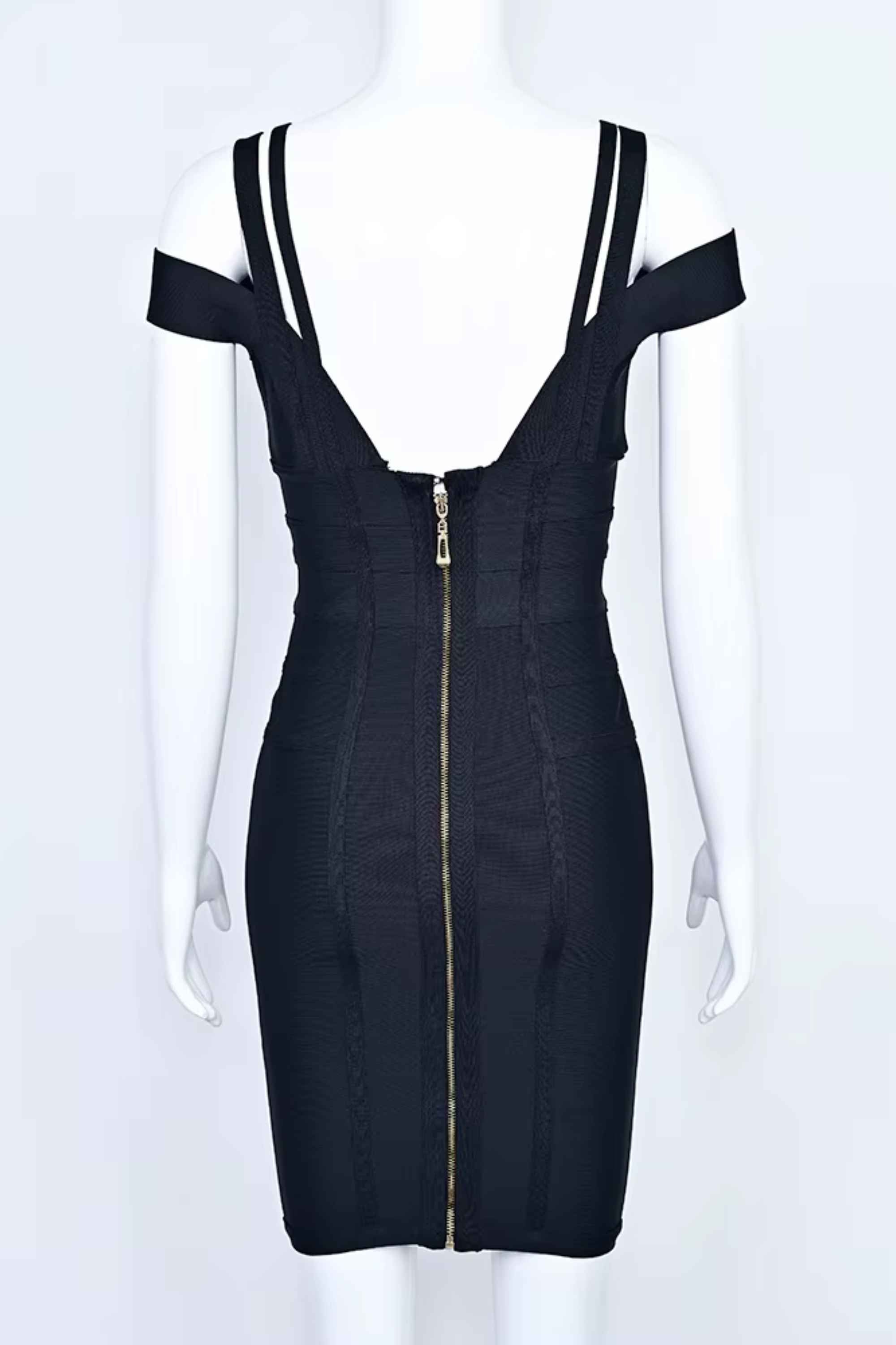 Woman wearing a figure flattering Sia Bandage Dress - Classic Black Bodycon Collection