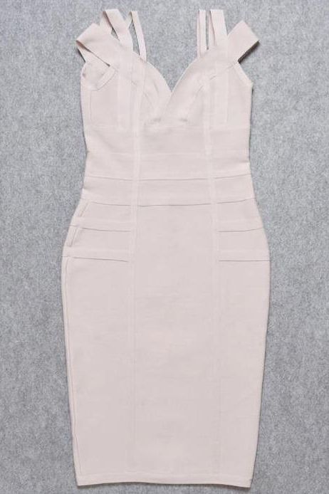 Woman wearing a figure flattering Sia Bandage Dress - Cream Bodycon Collection