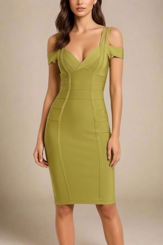 Woman wearing a figure flattering Sia Bandage Dress - Olive Green Bodycon Collection