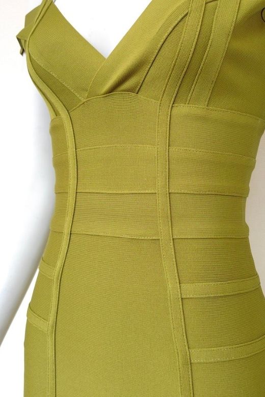 Woman wearing a figure flattering Sia Bandage Dress - Olive Green Bodycon Collection