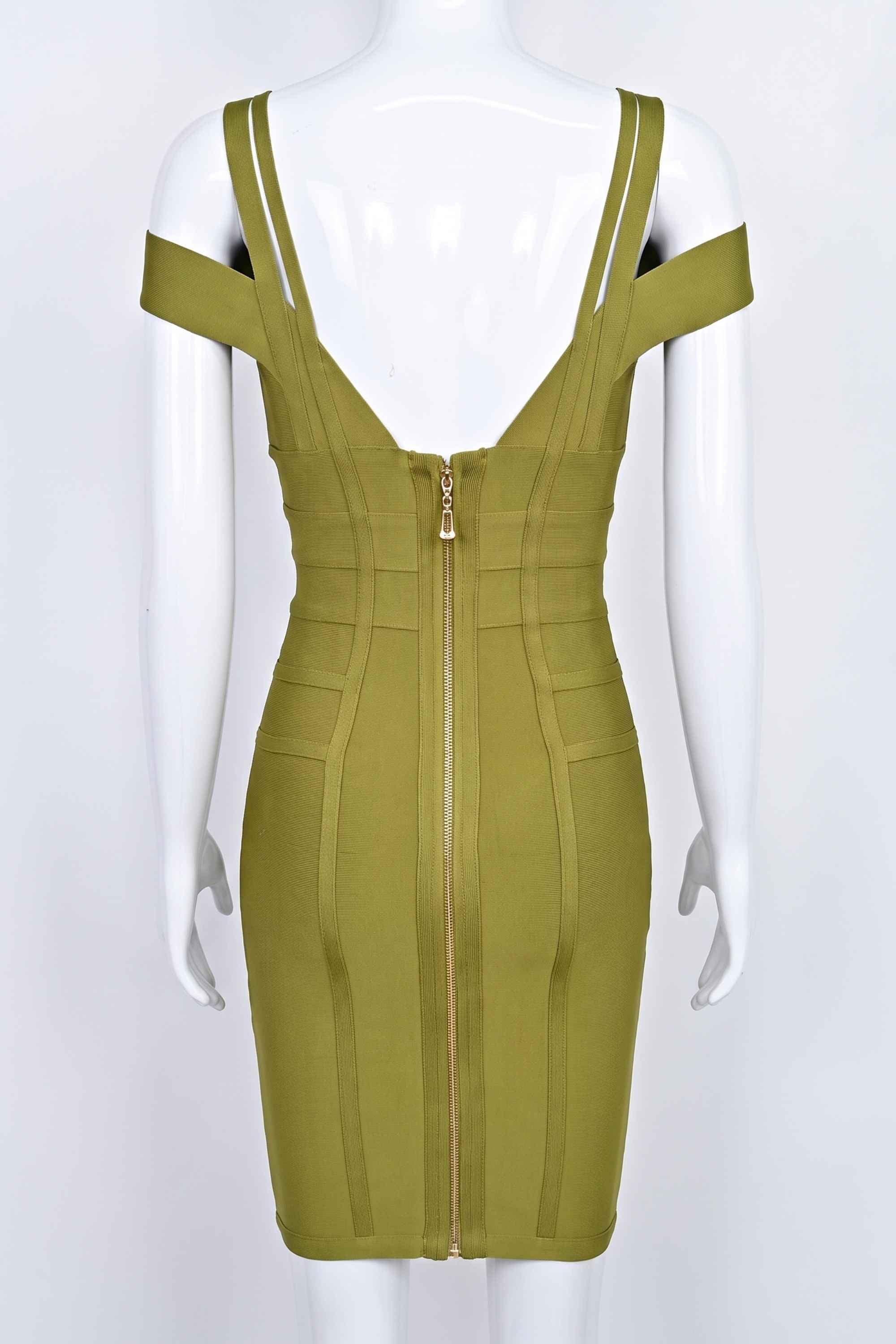 Woman wearing a figure flattering Sia Bandage Dress - Olive Green Bodycon Collection